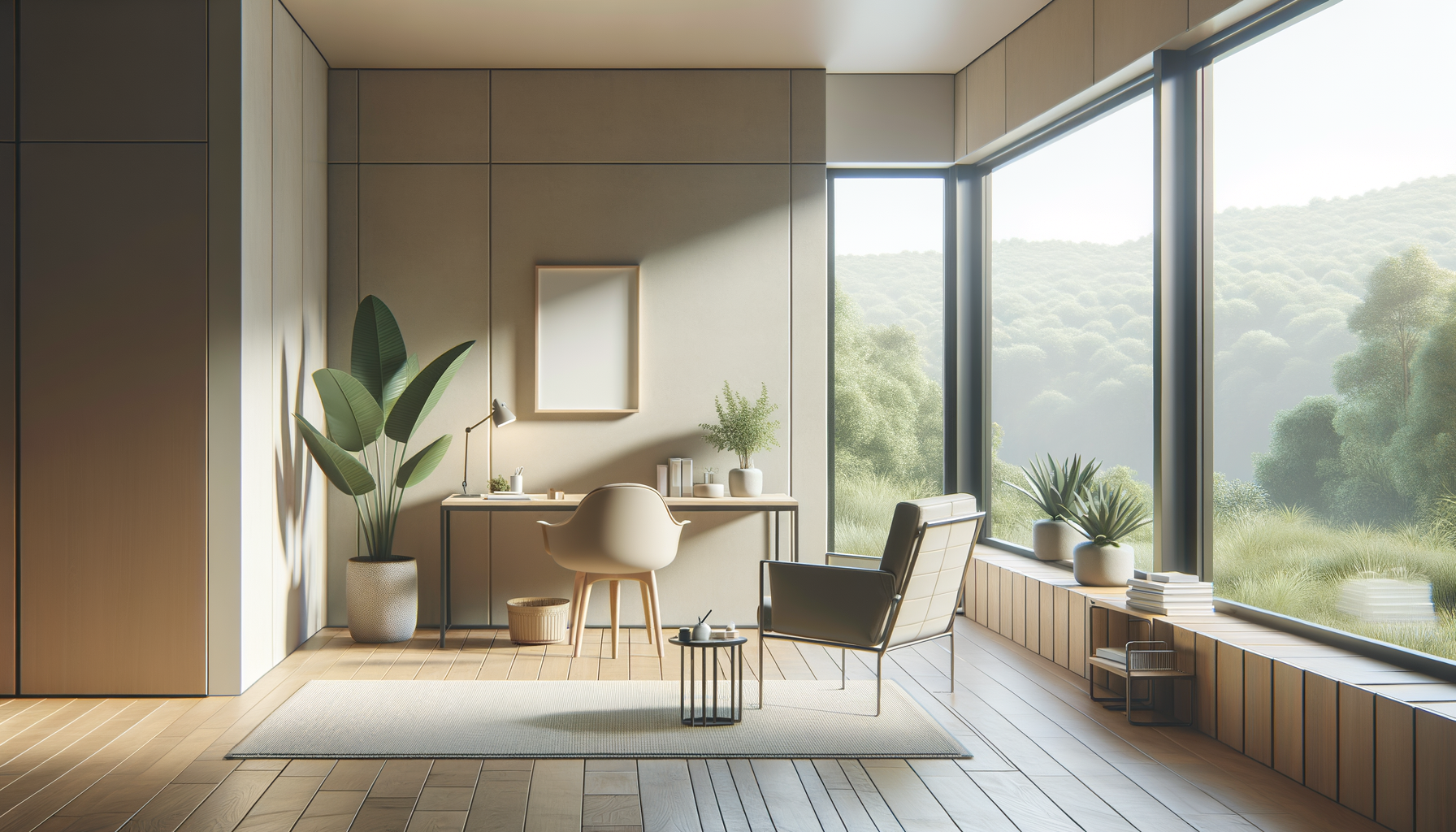 Modern office space with large windows overlooking a green landscape, featuring a desk with a workspace, an armchair, a side table, potted plants, and minimal decor.