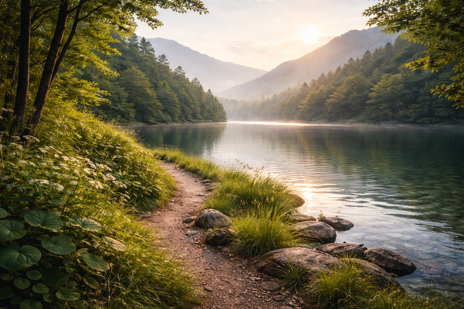 A peaceful river landscape with a dirt trail along the water's edge, surrounded by green trees and mountains in the background, illuminated by soft sunlight.