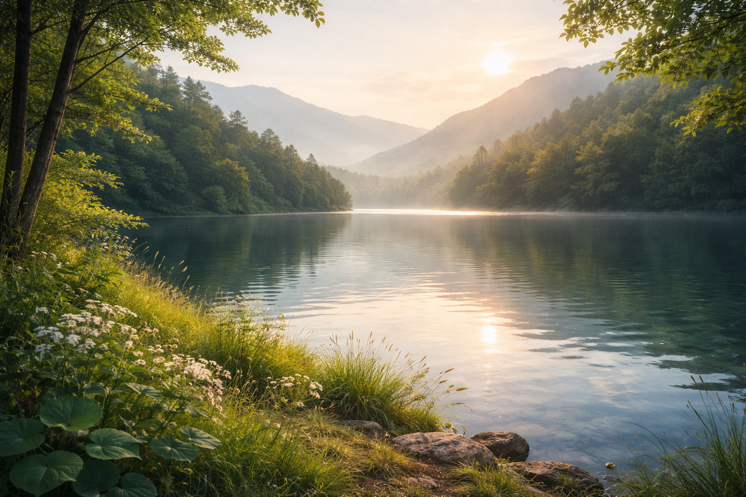 A serene lake reflecting the surrounding forest and mountains during sunrise, with lush greenery and wildflowers along the shore.
