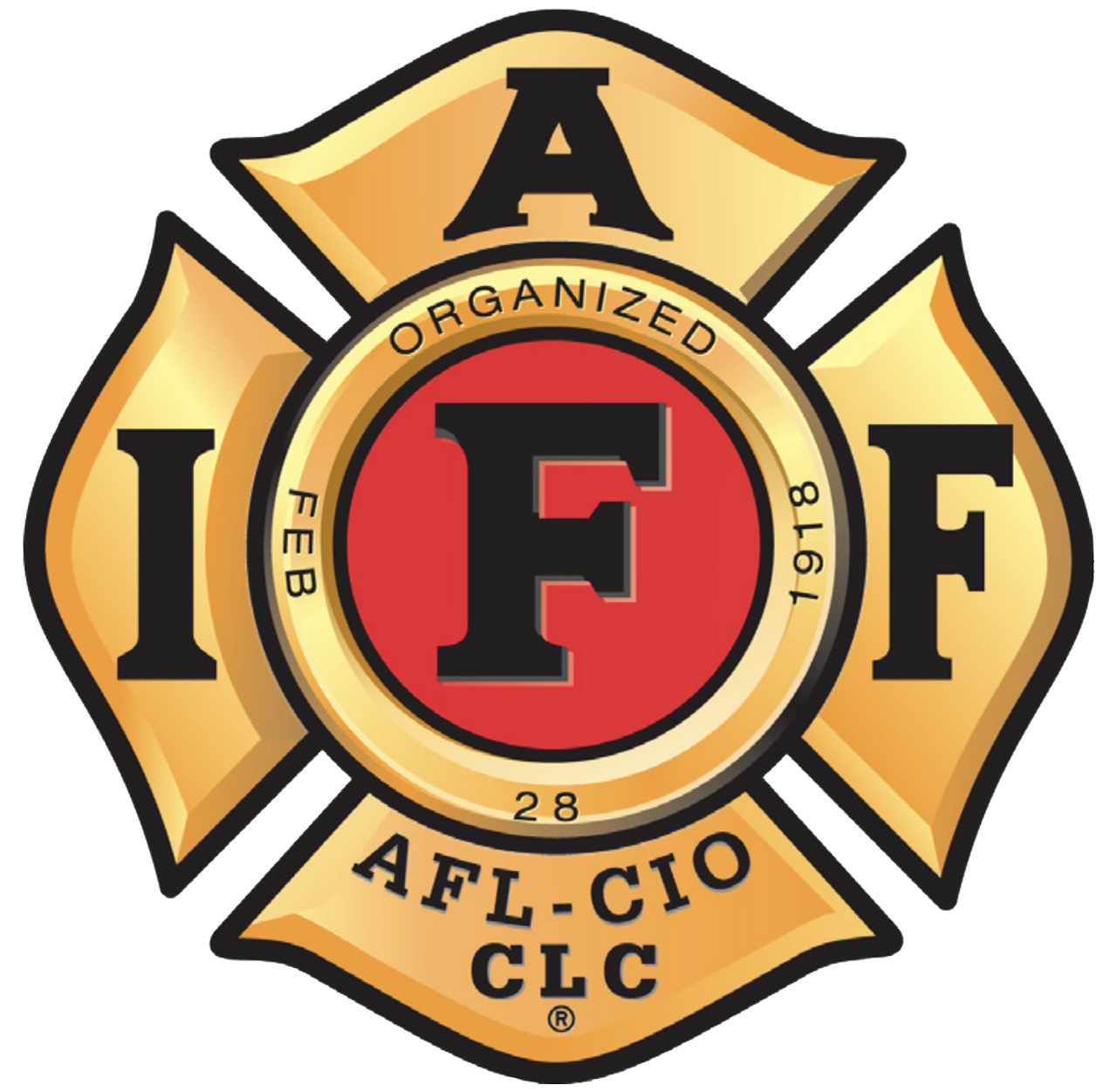 Firefighters logo with a gold Maltese cross, a red circle in the center with the letter F, and the year 1918.