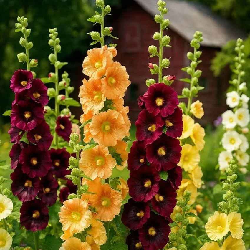 Close-up of colorful hollyhock flowers in shades of purple, orange, red, and yellow growing in a garden.