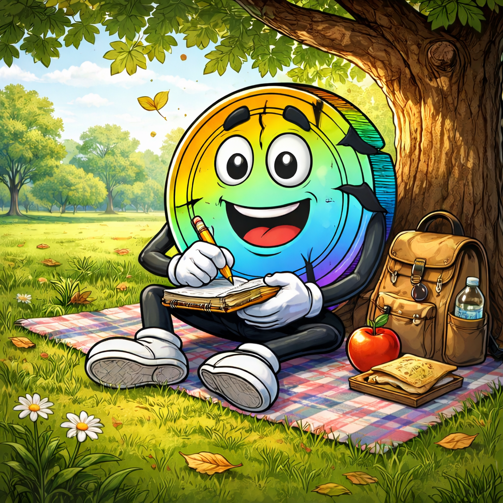 A colorful animated cartoon battery character with a rainbow gradient, smiling and sitting under a large tree on a picnic blanket, writing in a notebook. There are books, an apple, a water bottle, and a backpack beside it.