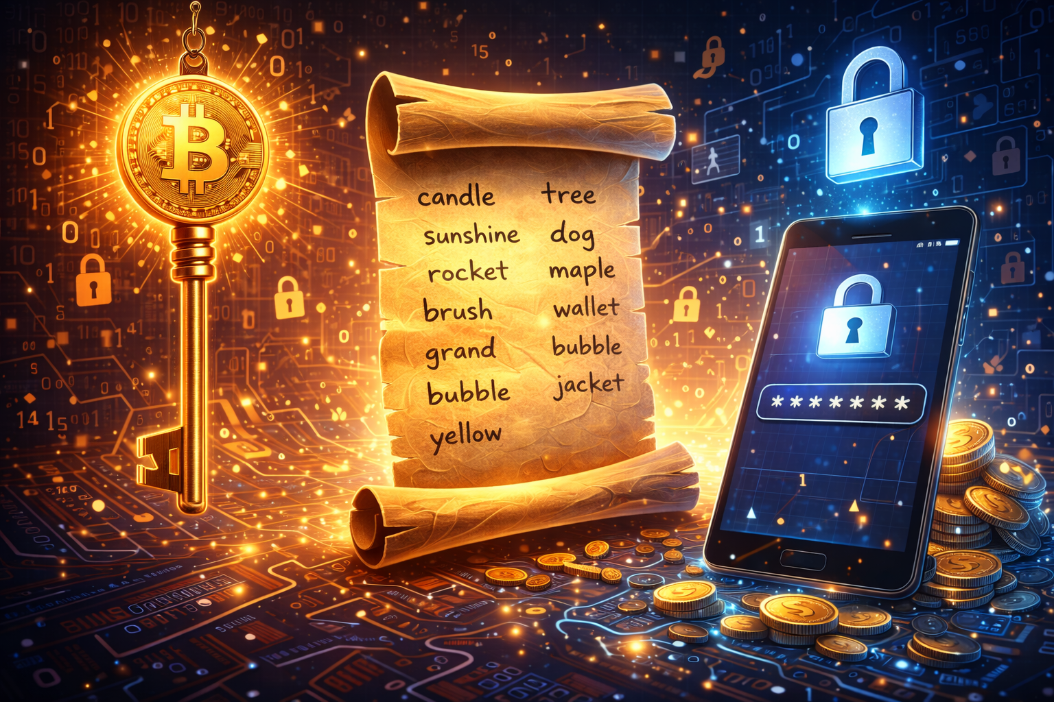 Digital illustration of a glowing Bitcoin key, a scroll with word lists, a smartphone with a lock and password screen, coins, and digital lock icons against a high-tech background.