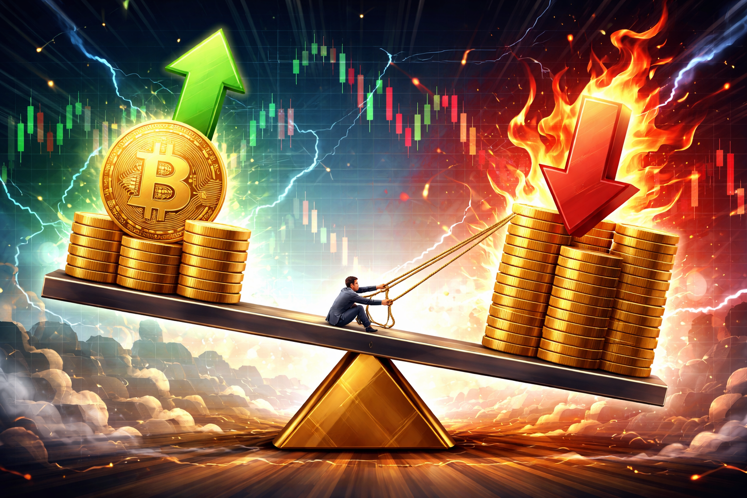A man on a seesaw balancing large stacks of gold coins with Bitcoin symbols. One side has a green upward arrow, and the other has a red downward arrow with flames. The background features a fluctuating stock chart and lightning effects.
