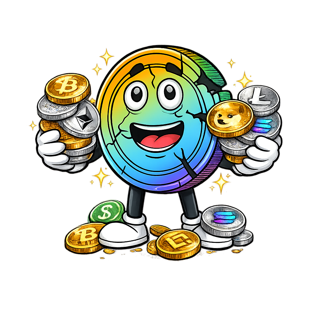 Animated character resembling a coin with a rainbow face, holding various cryptocurrency coins like Bitcoin, Ethereum, Dogecoin, and Litecoin, with a cheerful expression and surrounded by sparkling effects.