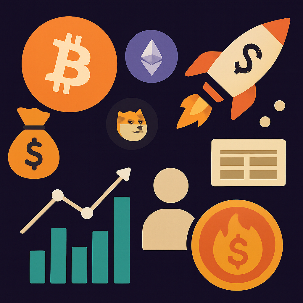 Digital illustration of cryptocurrency symbols like Bitcoin, Ethereum, and Dogecoin, a rocket with a dollar sign, a graph with increasing bars, a money bag, and a person silhouette, representing financial growth and investment.