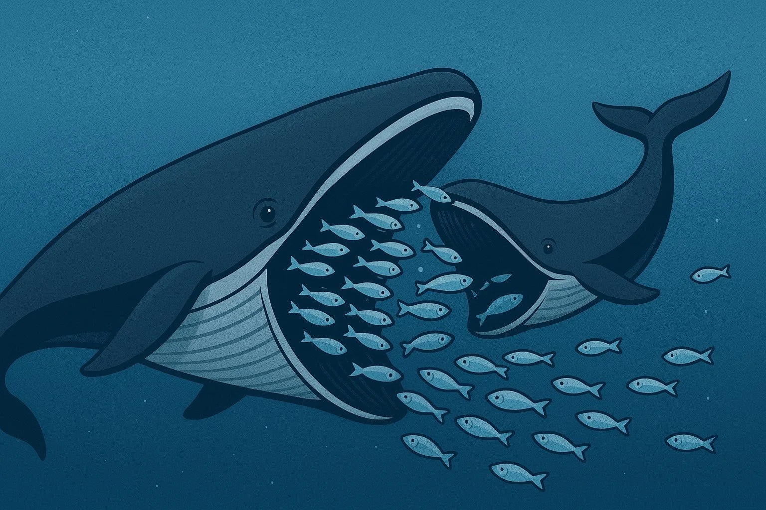 Illustration of a whale open mouth with small fish swimming inside, with additional fish swimming nearby in the ocean.