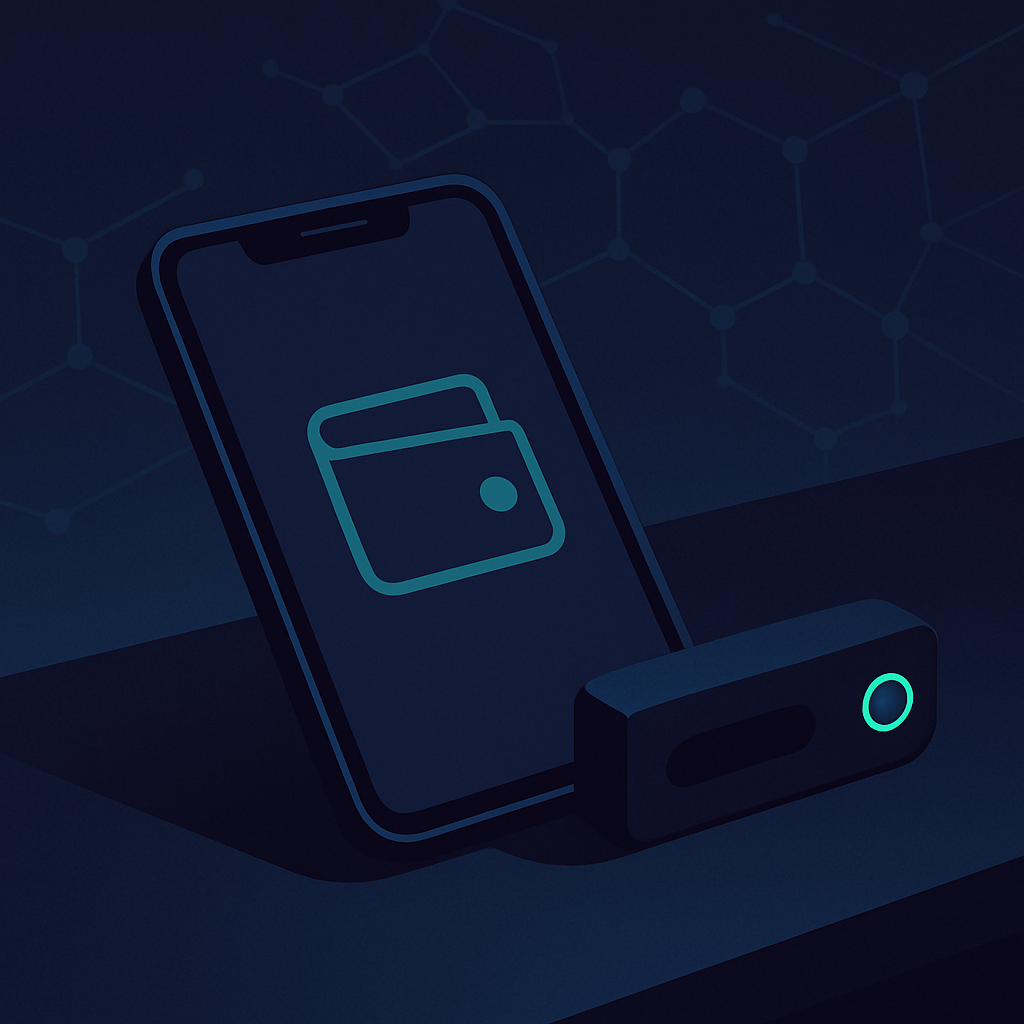 Illustration of a smartphone with a wallet icon on the screen and a small device connected to it, set against a dark background with a molecular or network pattern.
