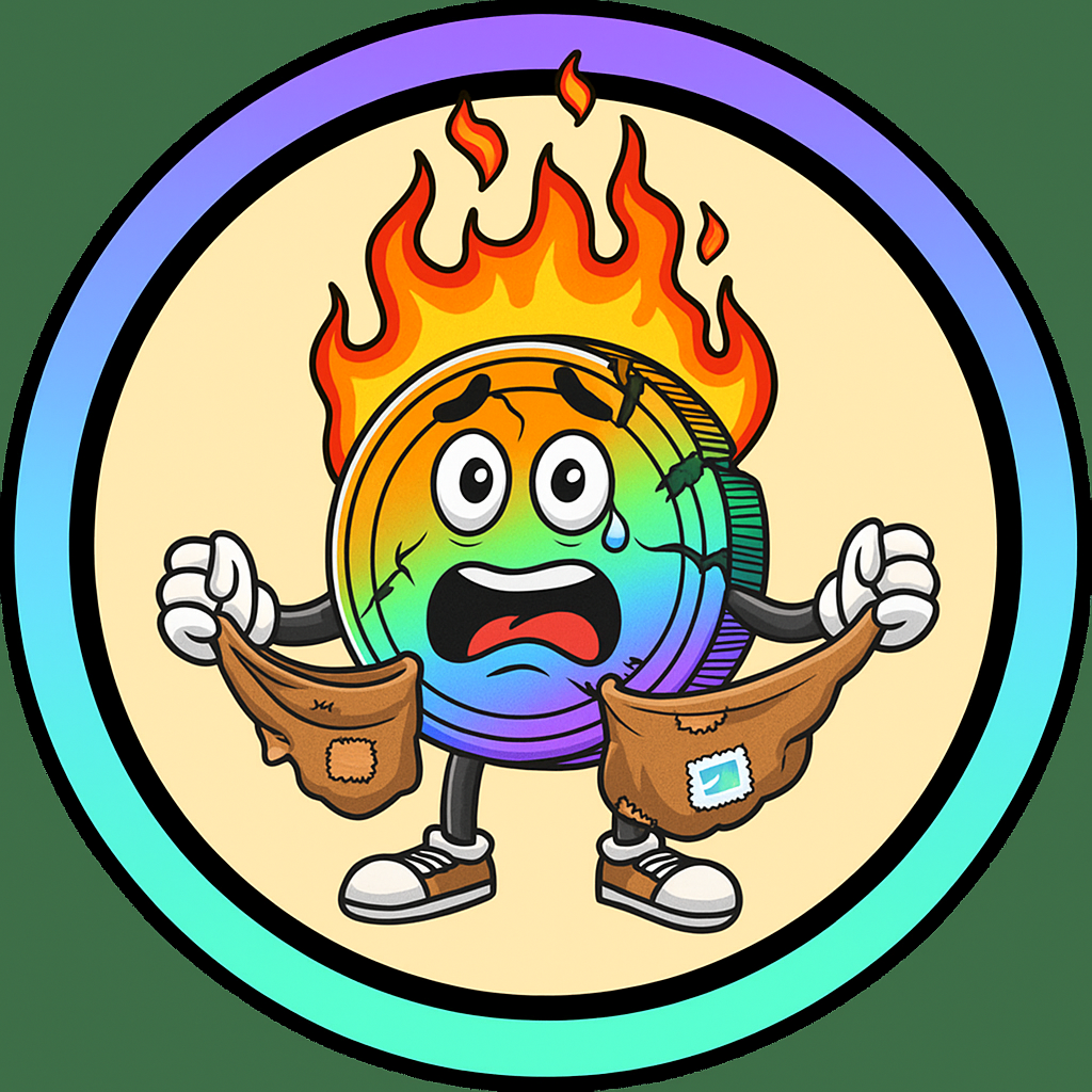 Cartoon rainbow-colored coin character with a worried expression, tears, and flames on its head, holding torn bags with postage stamp and torn patches.