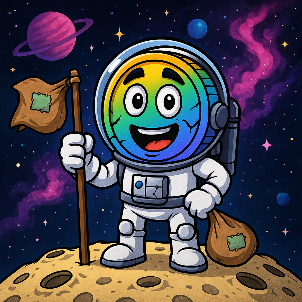 Cartoon rainbow-colored planet character dressed as an astronaut standing on the moon, holding a flag and a bag, with stars, planets, and nebulae in space background.
