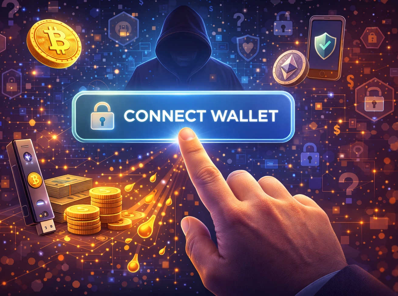 Digital illustration of a person connecting a digital wallet, with cryptocurrency symbols like Bitcoin and Ethereum, and security icons in the background.