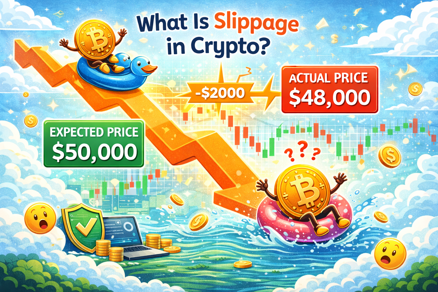 An animated infographic explaining slippage in cryptocurrency trading. It shows a declining stock chart with a large orange downward arrow. A cartoon Bitcoin character is at the top with arms raised, and another Bitcoin character is at the bottom with arms raised in confusion, surrounded by dollar coins, a laptop with a shield and checkmark, and emoticons expressing surprise or concern. Text boxes indicate an expected price of $50,000, an actual price of $48,000, and a slippage of $2000.