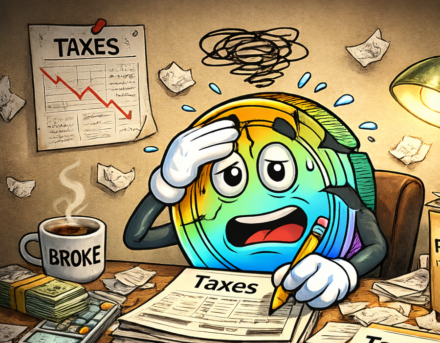 A worried rainbow-colored cartoon globe sitting at a cluttered desk with papers labeled 'Taxes', a steaming coffee mug labeled 'Broke', stacks of money and a calculator, surrounded by crumpled papers, a scribbled mess in the background, and a desk lamp, holding a pencil and scratching its head.