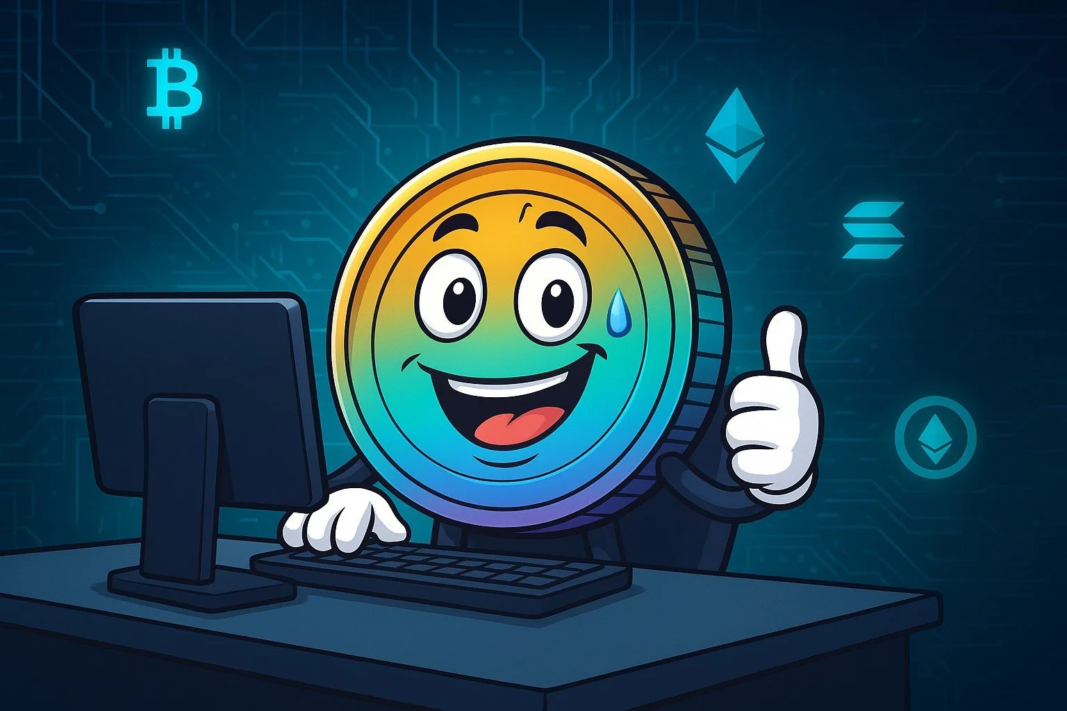 A cartoon coin character with a rainbow gradient and facial features, sitting at a computer desk with a monitor and keyboard, giving a thumbs up with a smile and sweat drop on its face. The background has futuristic digital graphics with cryptocurrency symbols like Bitcoin, Ethereum, and Solana.