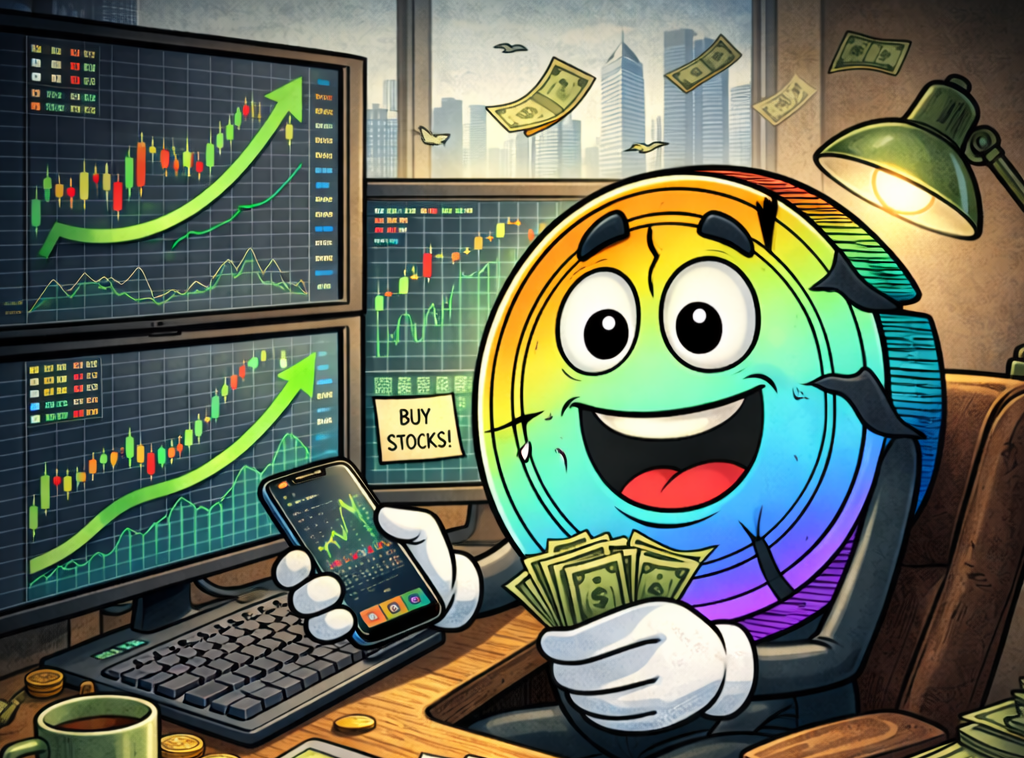 A cartoon coin character with a rainbow-colored body smiling broadly while holding cash and a phone showing stock market graphs, in front of multiple monitors displaying upward stock charts and dollar bills flying around.