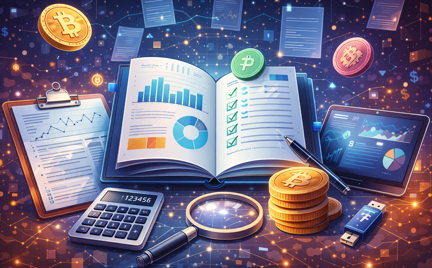 Digital illustration of financial analysis tools including a tablet, open books, coins, and charts with cryptocurrency symbols.