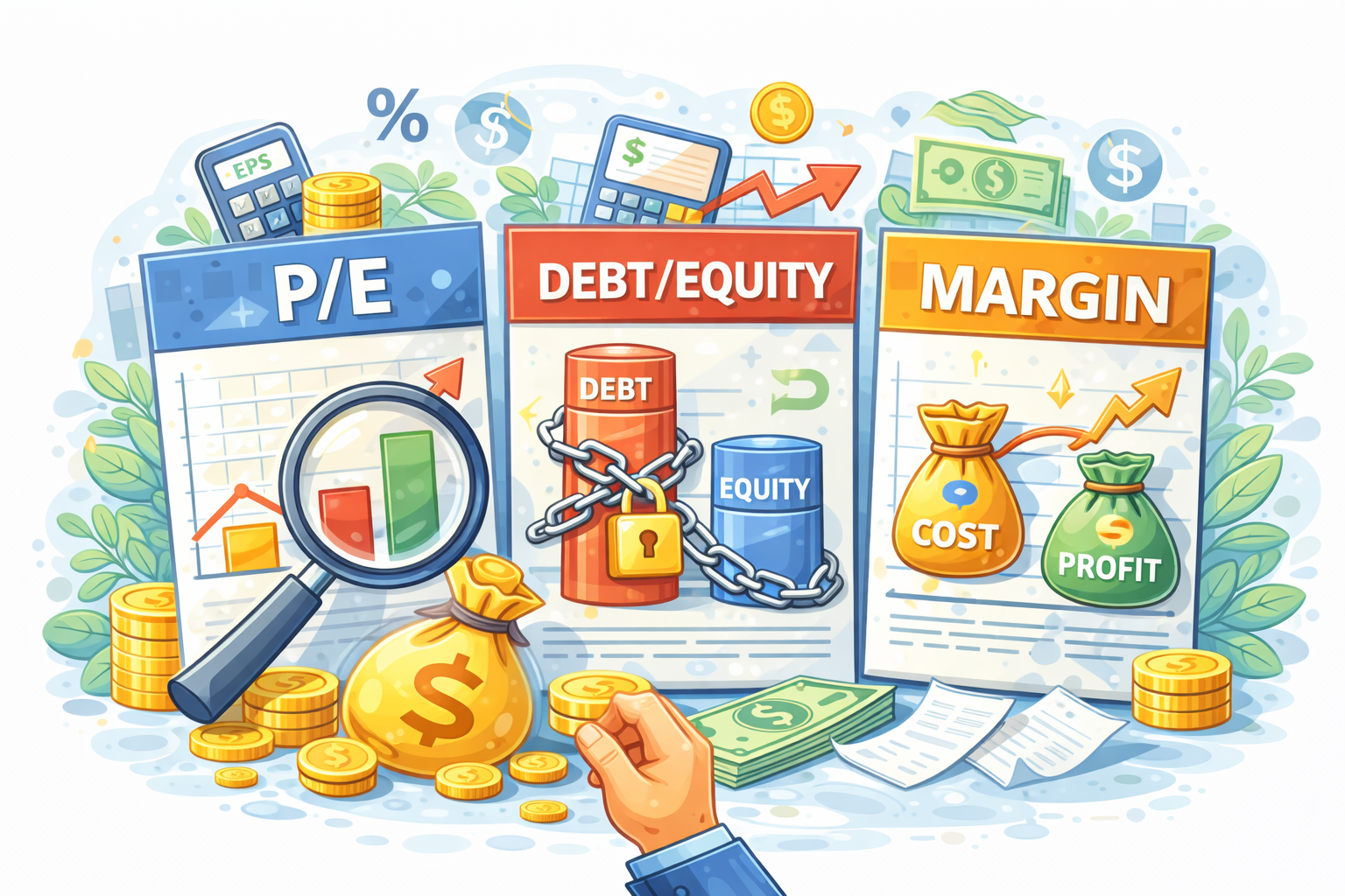 Colored infographic illustrating financial concepts: P/E ratio with a magnifying glass and coins, debt/equity with chained bars labeled 'Debt' and 'Equity', and margin with bags labeled 'Cost' and 'Profit', arrows showing financial growth, money, charts, and leaves.