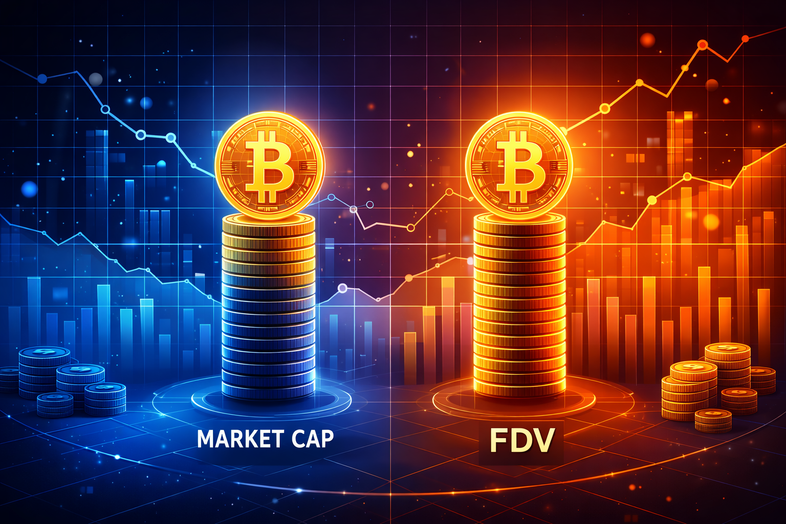 Visualization of Bitcoin coins stacked with blue and orange themes, showing market cap and fair value distance (FDV), with line and bar graphs in the background indicating market trends.