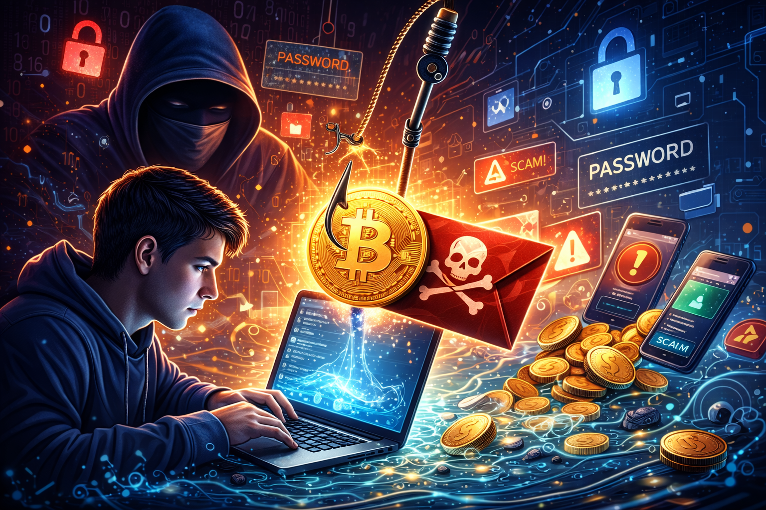 A digital illustration of a cybercriminal in a hoodie behind a person using a laptop, with symbols of Bitcoin, a skull and crossbones, warning icons, padlocks, and flashing warning messages related to hacking, scams, and malware.
