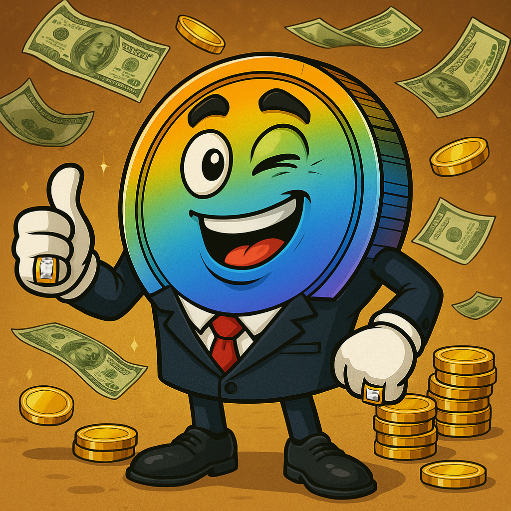 A cartoon coin character wearing a business suit, giving a thumbs up, surrounded by dollar bills and stacks of gold coins.
