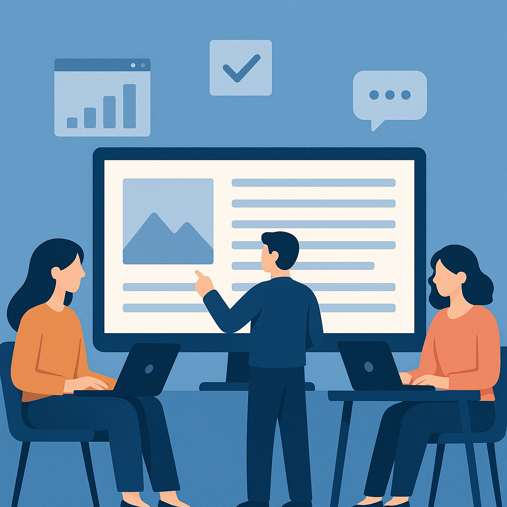 Three people in a meeting room with laptops, discussing a presentation on a large screen showing a graph and text.