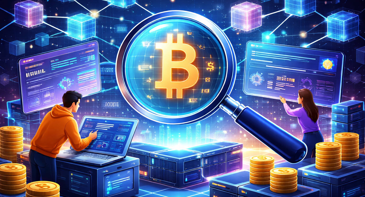 Digital illustration of a cryptocurrency trading scene with a large magnifying glass focusing on a Bitcoin symbol, two people examining data on futuristic screens, and stacks of coins around.
