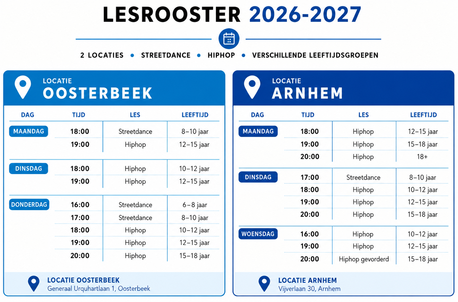 Schema van lesrooster 2026-2027 met locaties Oosterbeek en Arnhem, inclusief dagen, tijden, lessen (Streetdance en HipHop), en leeftijdsgroepen.