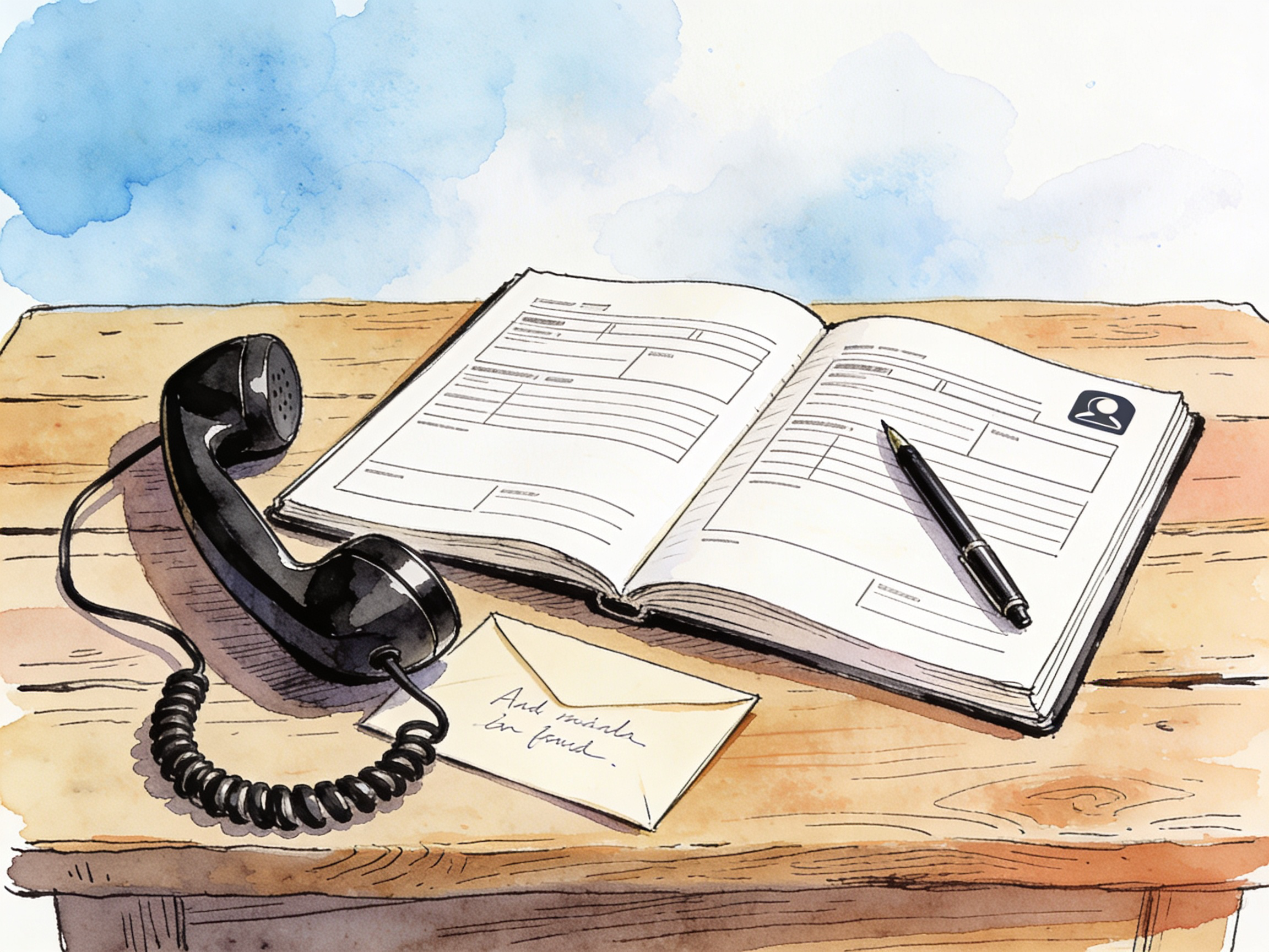 Ein offenes Notizbuch mit einem Stift, ein altes Telefon und eine Notiz auf einem Holztisch, im Hintergrund blauer Himmel mit Wolken.