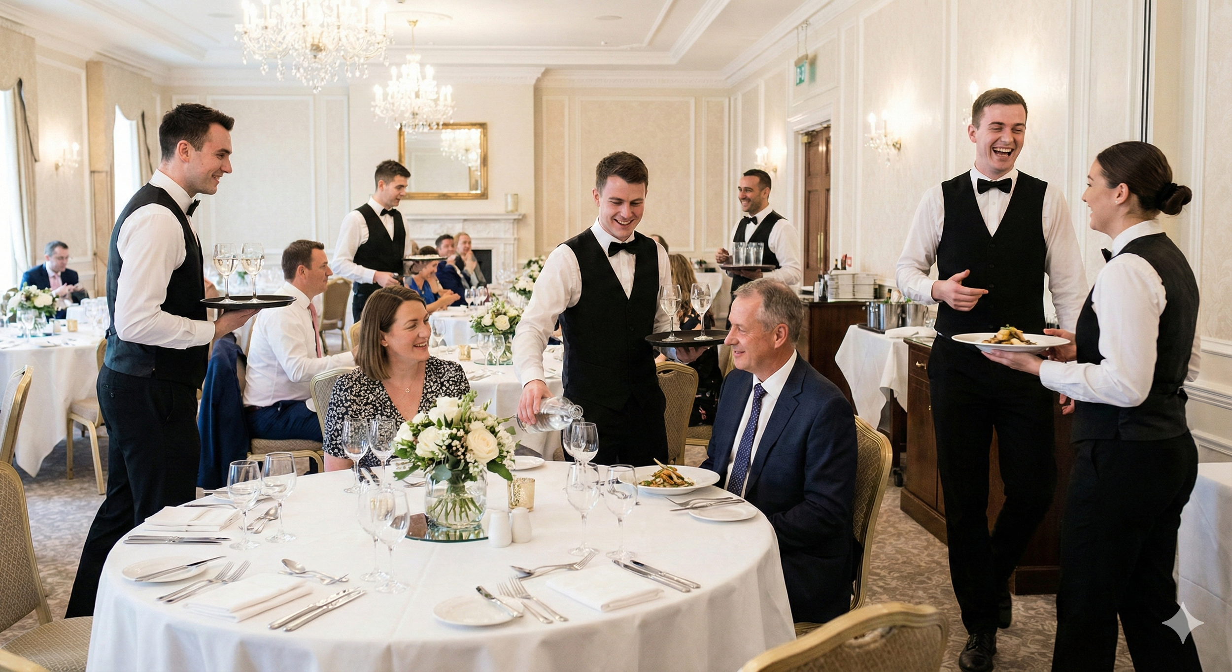 Waitstaff serving dinner to guests at a banquet in an elegant room with chandeliers and floral centerpieces.