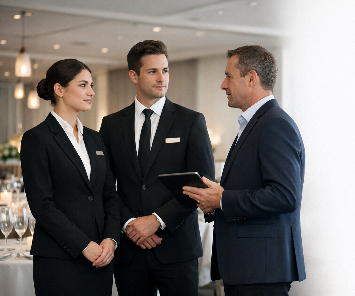 Three hotel or event staff in black suits talking to a male guest in a dark suit holding a tablet, in a well-lit banquet hall