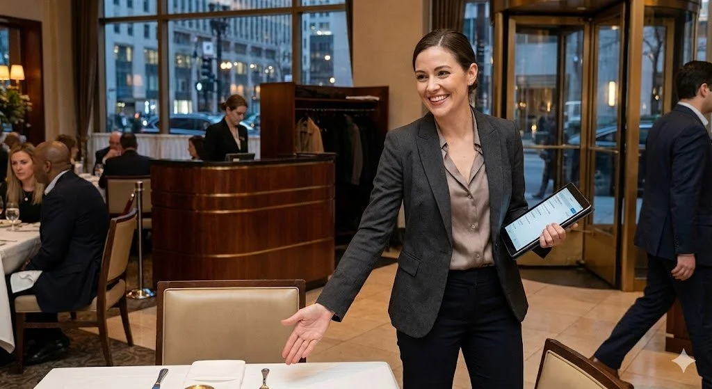 A smiling woman in business attire standing in a restaurant, holding a tablet, gesturing towards a table set for dining.