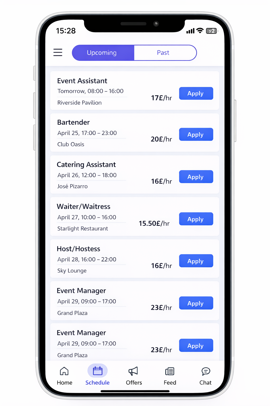 Mobile app screen showing a job schedule with listings for event staff roles such as Event Assistant, Bartender, Catering Assistant, Waiter/Waitress, Host/Hostess, and Event Manager, along with dates, times, locations, hourly rates, and apply buttons.