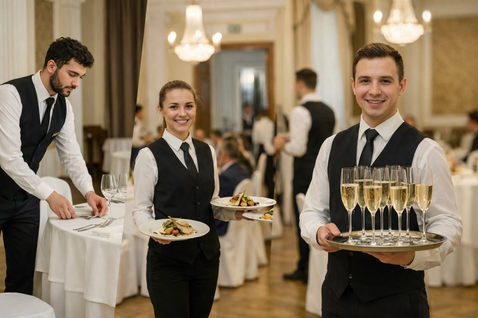 Waitstaff in formal attire serving drinks and food at a banquet hall.