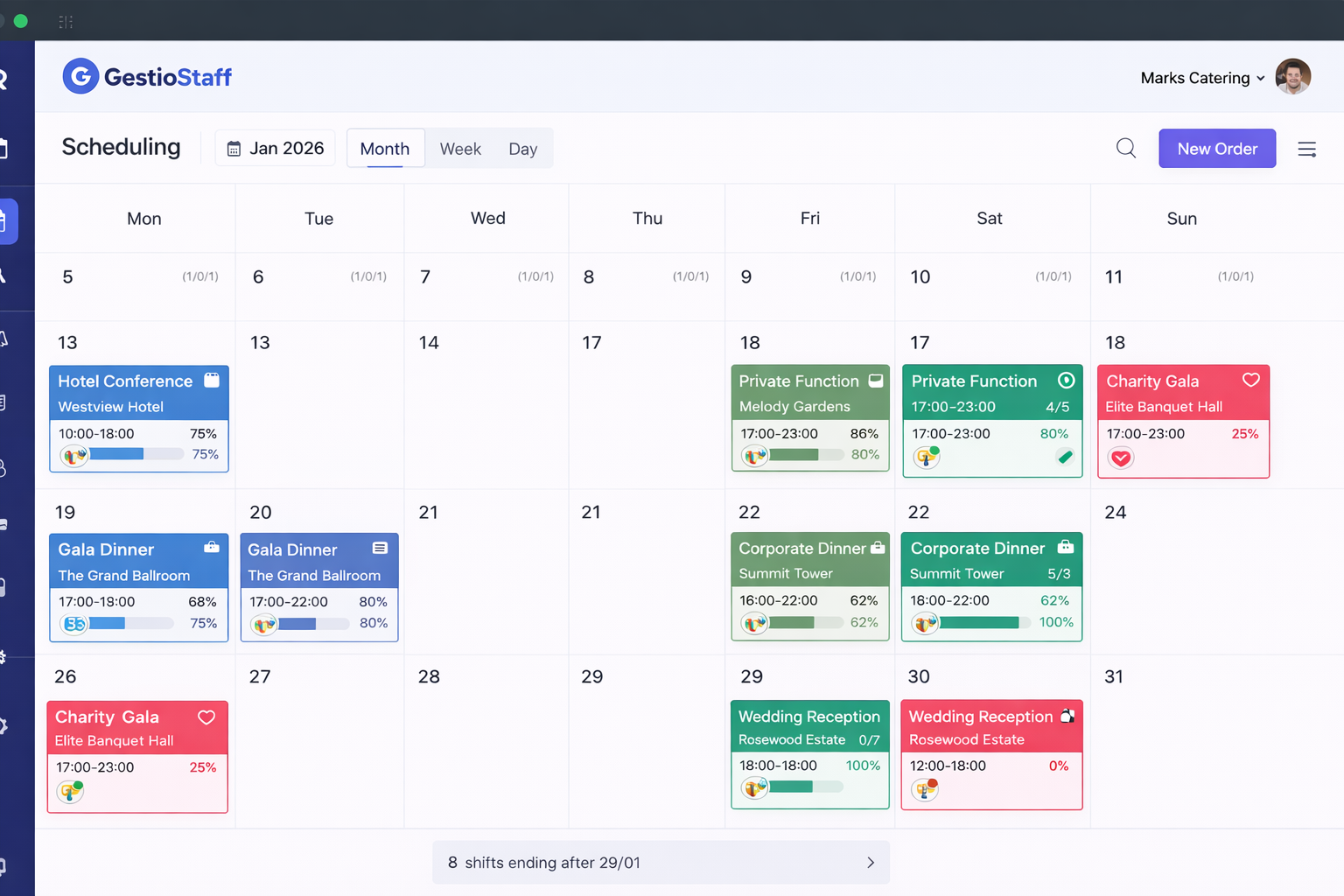 A digital scheduling calendar displays events for January 2026, including hotel conference, private functions at Melody Gardens, Gala Dinner at The Grand Ballroom, Charity Gala, Corporate Dinner at Summit Tower, wedding receptions at Rosewood Estate, with details on times, locations, and attendance percentages.