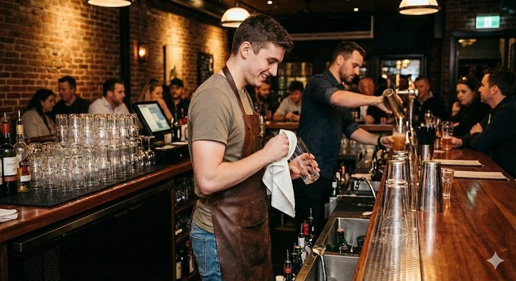 A bartender pouring beer from a tap in a busy bar with customers seated at the counter.