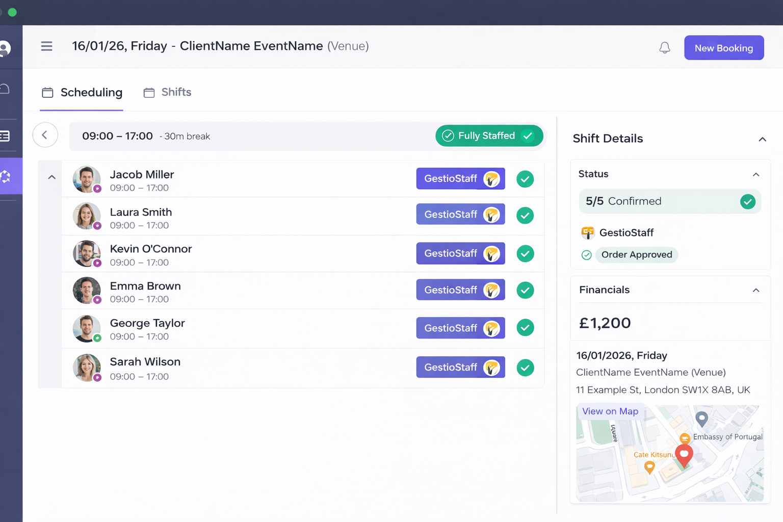 Event scheduling dashboard showing staff shifts, status, and financials for January 16, 2026, at a London venue.