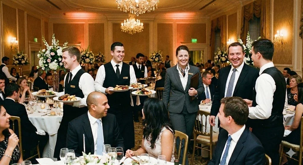 People socializing at a formal banquet with waitstaff holding plates, under chandeliers, in an elegant decorated room with floral centerpieces.