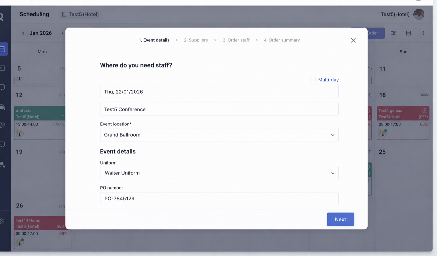 Screenshot of a hotel event scheduling application, showing a form to specify staff requirements for an event at the Grand Ballroom, including date, location, uniform, and PO number.