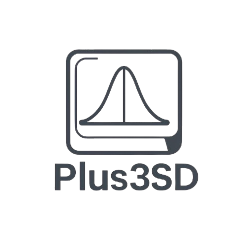 Graphic logo featuring a normal distribution curve and the text 'Plus3SD'.