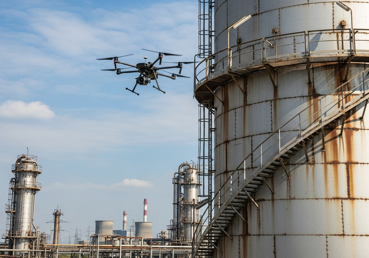 A drone flying near a large rusted industrial tank with a metal staircase, in an industrial area with multiple factory cooling towers and power lines in the background.