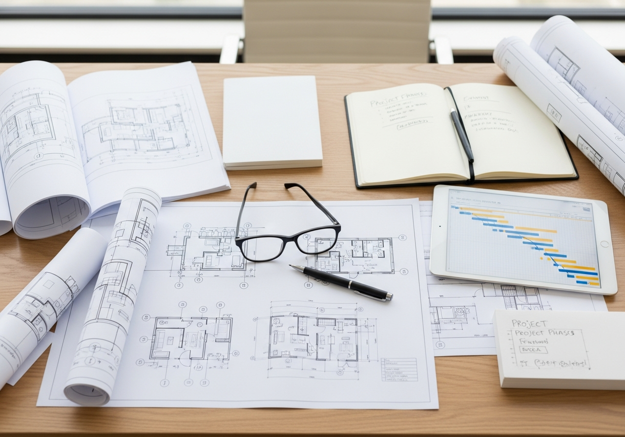 Architectural blueprints, a notebook, a tablet displaying a project schedule, and glasses on a wooden table.
