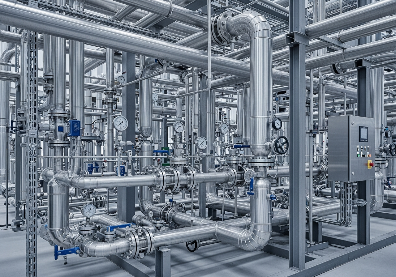 A complex network of silver industrial pipes with gauges, valves, and a control panel in a factory or processing plant.
