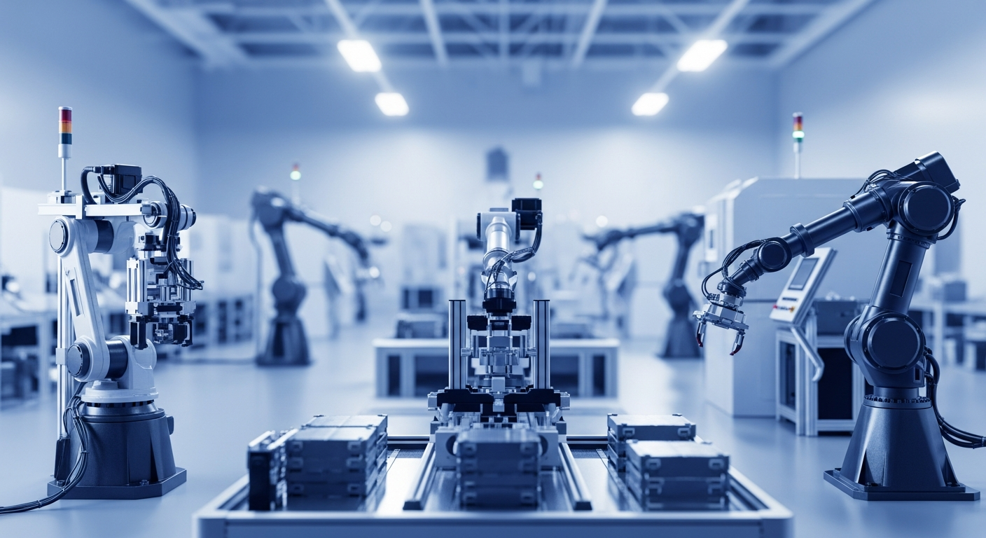 Industrial robotic arms in a high-tech factory setting with equipment and conveyor belts.