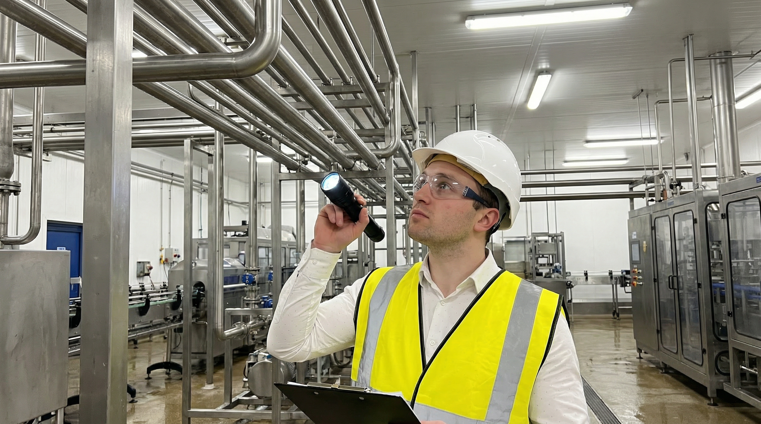 A man in safety gear, including a white helmet, safety glasses, and a yellow high-visibility vest, inspecting industrial piping with a flashlight inside a factory or manufacturing plant.