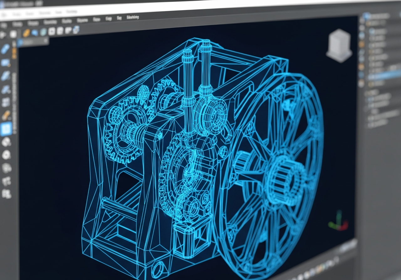 Blueprint of a mechanical gear system with gears and a large wheel on a computer screen in a CAD software.
