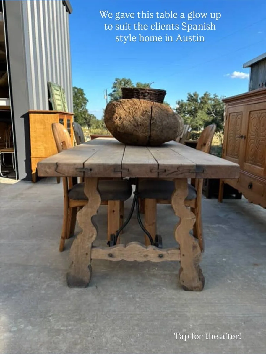 In with the old 👍

Our client came to us with an antique Spanish Baroque style dining table they found in Round Top, Texas. It was the perfect piece, but the finish didn&rsquo;t quite complement the rest of their home.

We refinished it in a rich, d