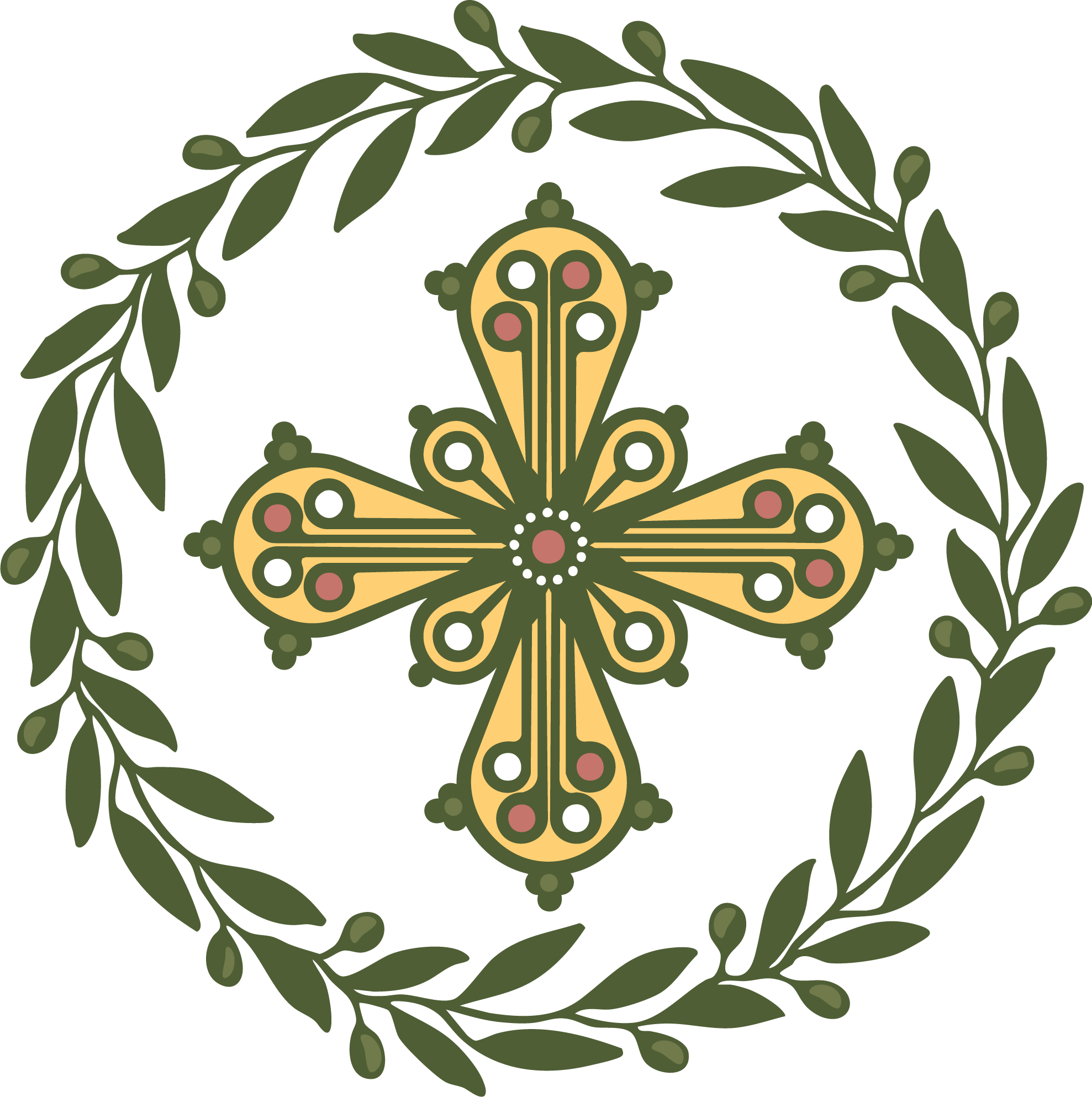Greek cross encircled by olive branches, symbolizing blessings, peace, and Elia’s Greek heritage.
