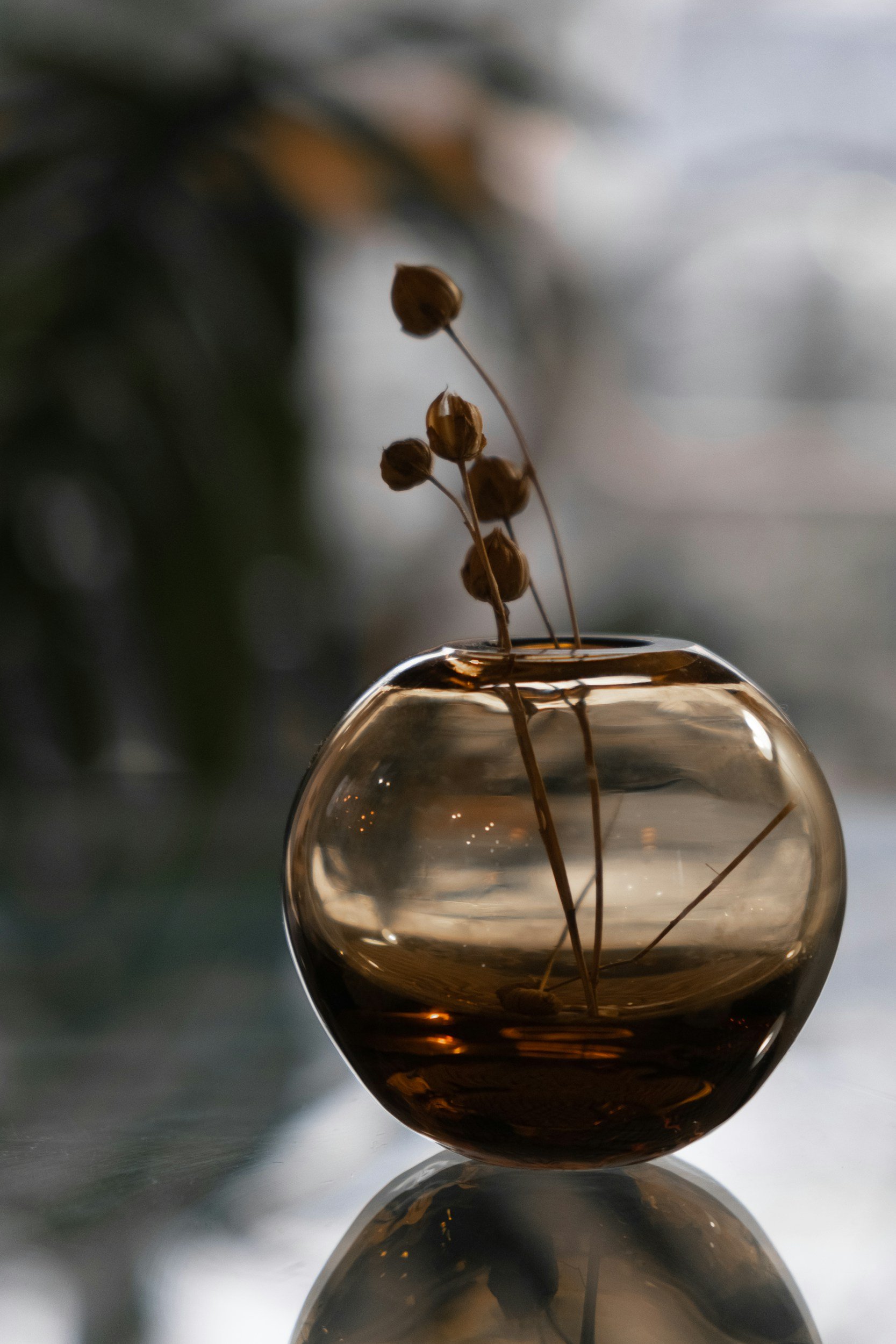 A close-up photograph of a round glass vase with dried flowers inside, reflected on a shiny surface. The background is blurred with neutral tones.