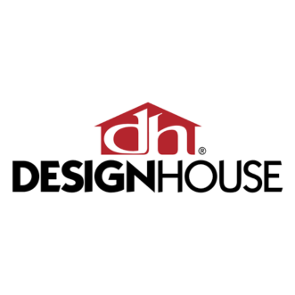 Logo for Design House featuring the letters 'dh' inside a red house outline with the words 'DESIGN HOUSE' below in bold black letters.