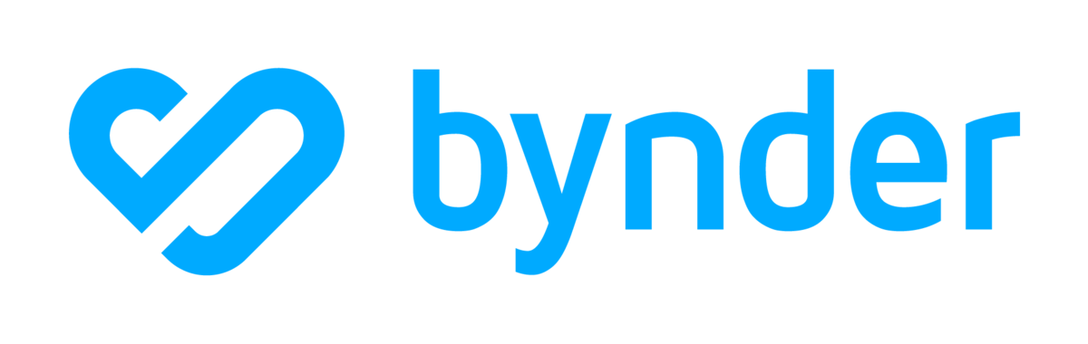 Logo of Bynder, a blue heart-shaped checkmark symbol followed by the word 'bynder' in lowercase blue letters.